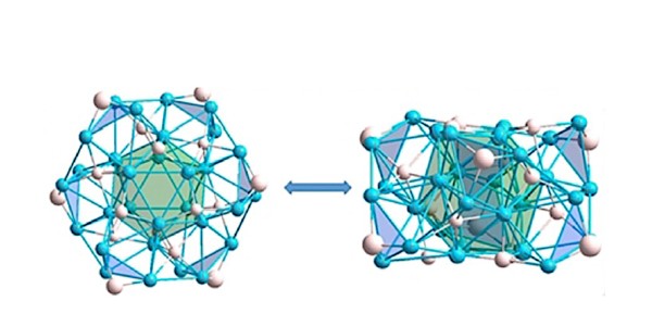 Top view (left) and side view (right) of the Cu30H18 cage as determined by neutron diffraction. The central icosahedron is shown in green. Color code for atoms: Cu (blue), H (light pink).