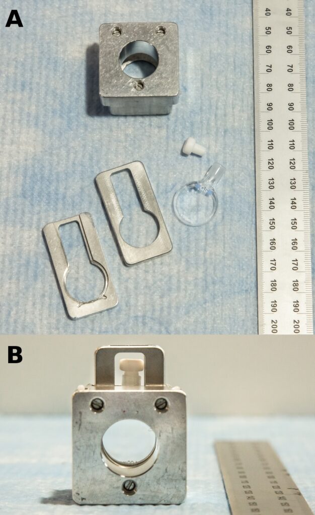 EQ SANS. instrument - Aluminum banjo cell holder (A) Disassembled (B) Assembled