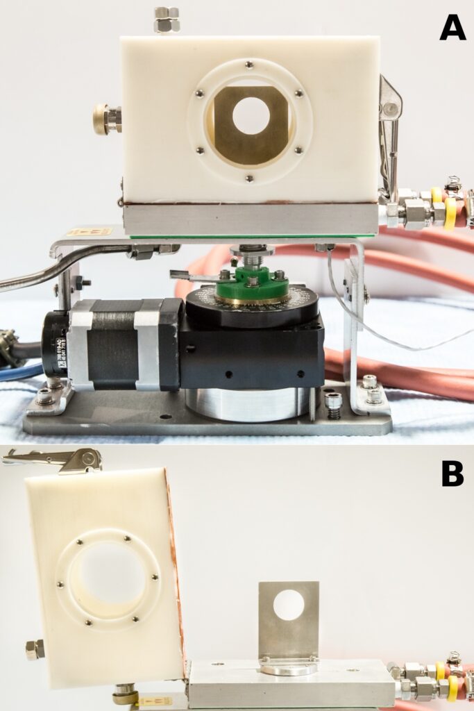EQ SANS instrument - Relative humidity cell (A) closed (B) with the lid open showing the thin film mount