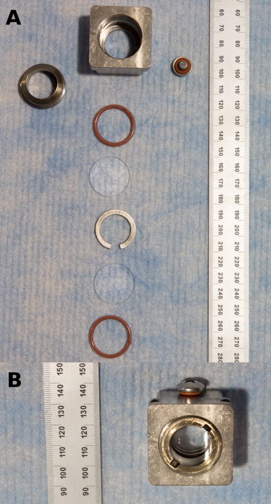 EQ SANS. instrument - Titanium Cell (A) Disassembled (B) Assembled